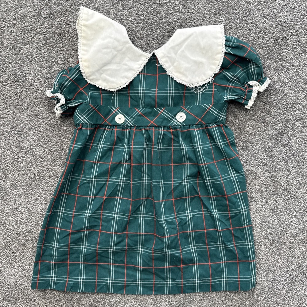 VTG Girls 5 Sears Dress Plaid Bib Collar Lace Perma-Prest Tartan Cottagecore